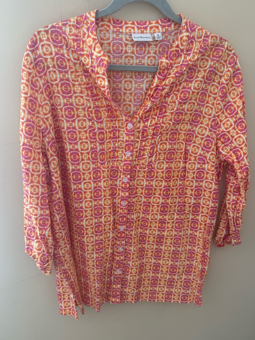 Kim Rogers Linen top fun print color Cotton Blend Shirt roll tab size XL